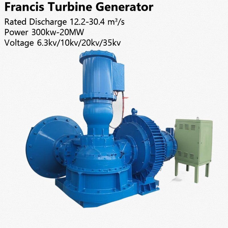 フランシスタービン発電機 定数放出12.2-30.4 m3/s 電力300kw-20MW,電圧6.3kv/10kv/20kv/35kv